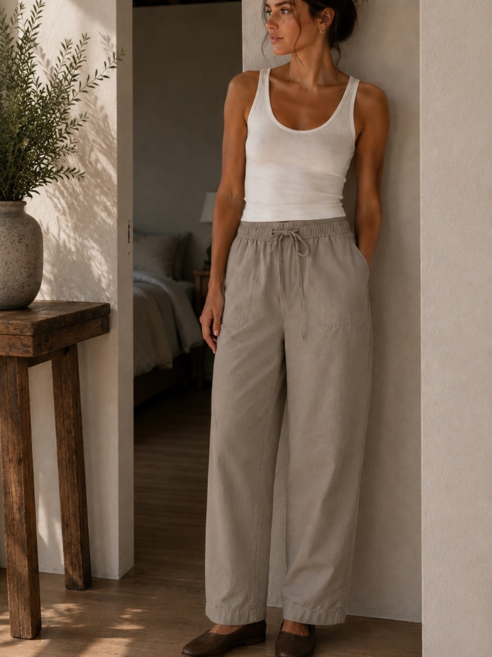 Zara Beige Cotton Linen Drawstring Pants High Rise Casual M